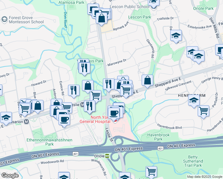 map of restaurants, bars, coffee shops, grocery stores, and more near 49 Cheryl Shepway in Toronto