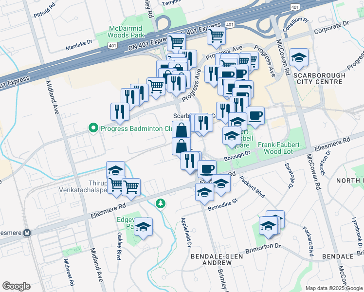 map of restaurants, bars, coffee shops, grocery stores, and more near 1600 Brimley Road in Toronto