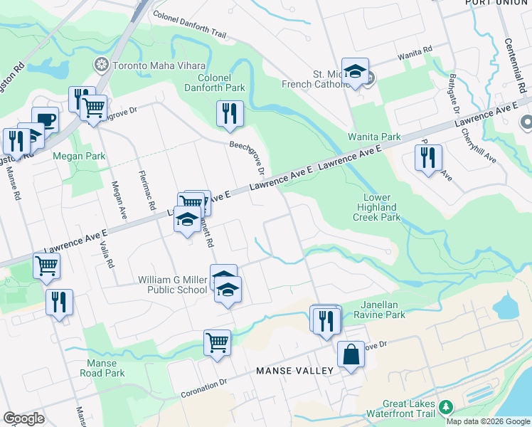 map of restaurants, bars, coffee shops, grocery stores, and more near 70B Dunstall Crescent in Toronto