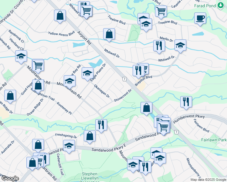 map of restaurants, bars, coffee shops, grocery stores, and more near 13 Pika Trail in Brampton