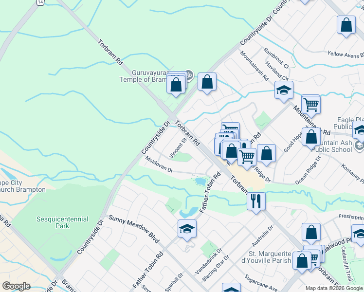 map of restaurants, bars, coffee shops, grocery stores, and more near 31 Vincent Street in Brampton