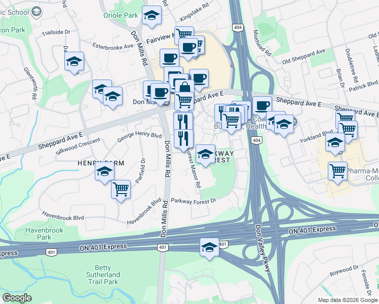 map of restaurants, bars, coffee shops, grocery stores, and more near 62 Forest Manor Road in Toronto