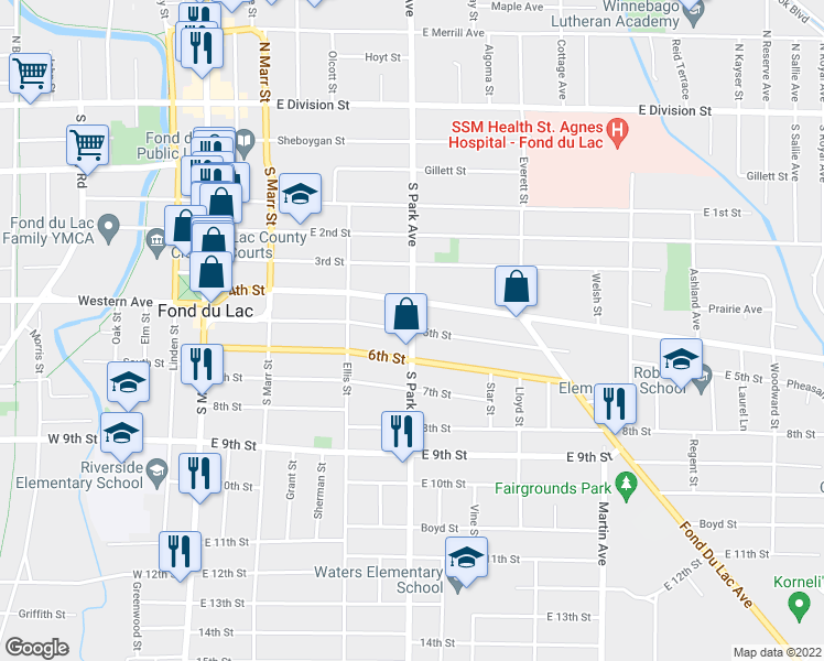 map of restaurants, bars, coffee shops, grocery stores, and more near 220 South Park Avenue in Fond du Lac