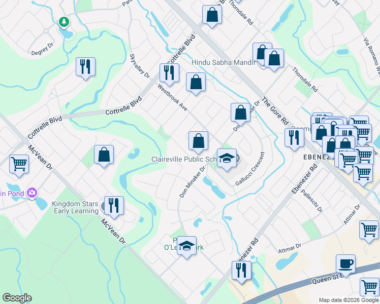 map of restaurants, bars, coffee shops, grocery stores, and more near 35 Whitehouse Crescent in Brampton