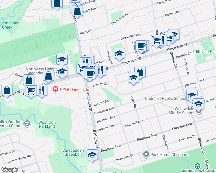 map of restaurants, bars, coffee shops, grocery stores, and more near 169 Yorkview Drive in Toronto