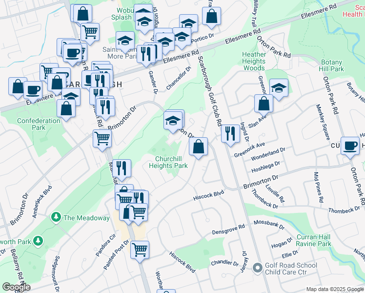 map of restaurants, bars, coffee shops, grocery stores, and more near 749 Brimorton Drive in Toronto