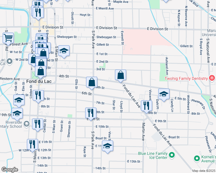 map of restaurants, bars, coffee shops, grocery stores, and more near 260 4th Street in Fond du Lac