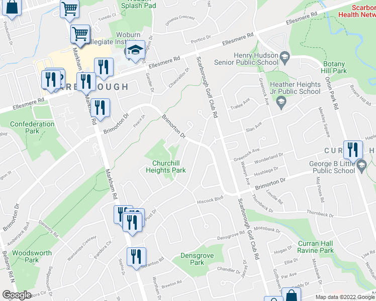 map of restaurants, bars, coffee shops, grocery stores, and more near 93 Mountland Drive in Toronto