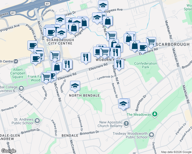 map of restaurants, bars, coffee shops, grocery stores, and more near 1 Sunderland Crescent in Toronto