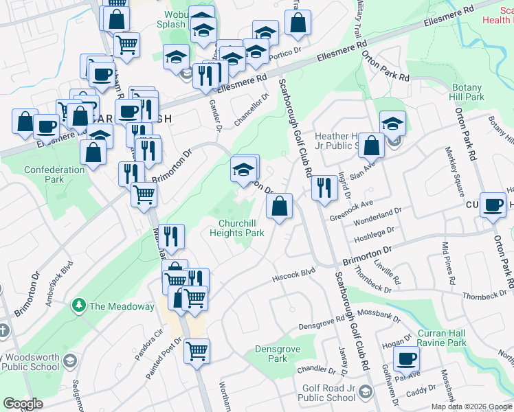 map of restaurants, bars, coffee shops, grocery stores, and more near 90 Mountland Drive in Toronto