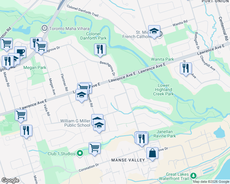 map of restaurants, bars, coffee shops, grocery stores, and more near 70 Dunstall Crescent in Toronto