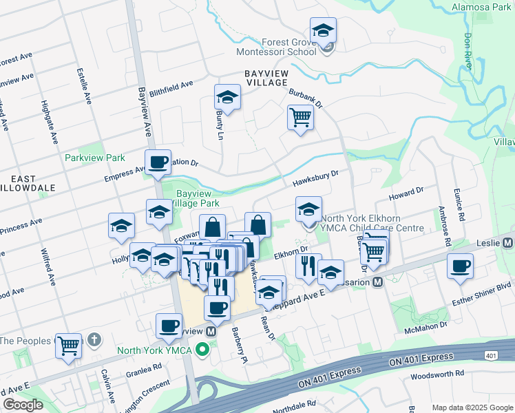 map of restaurants, bars, coffee shops, grocery stores, and more near 9 Hawksbury Drive in Toronto