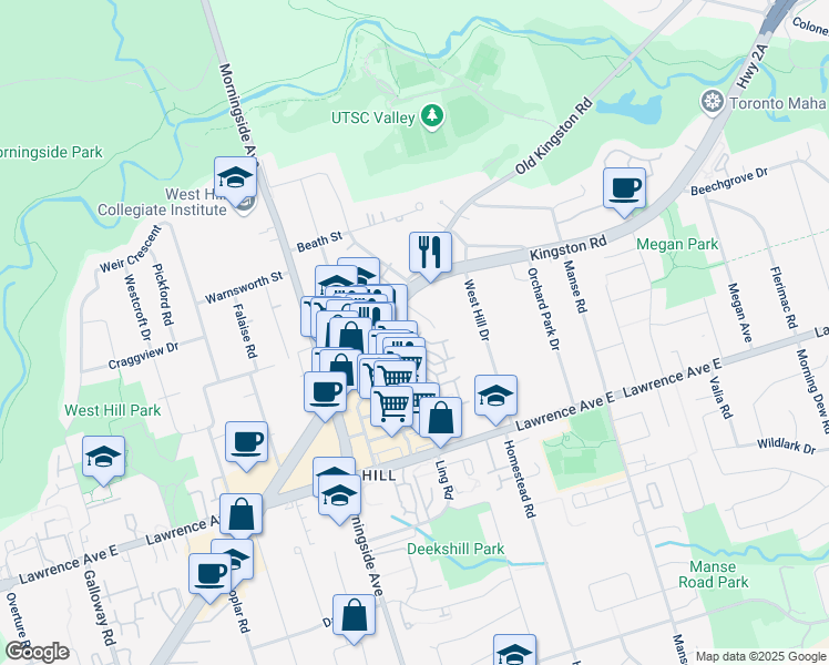 map of restaurants, bars, coffee shops, grocery stores, and more near 4589 Kingston Road in Toronto