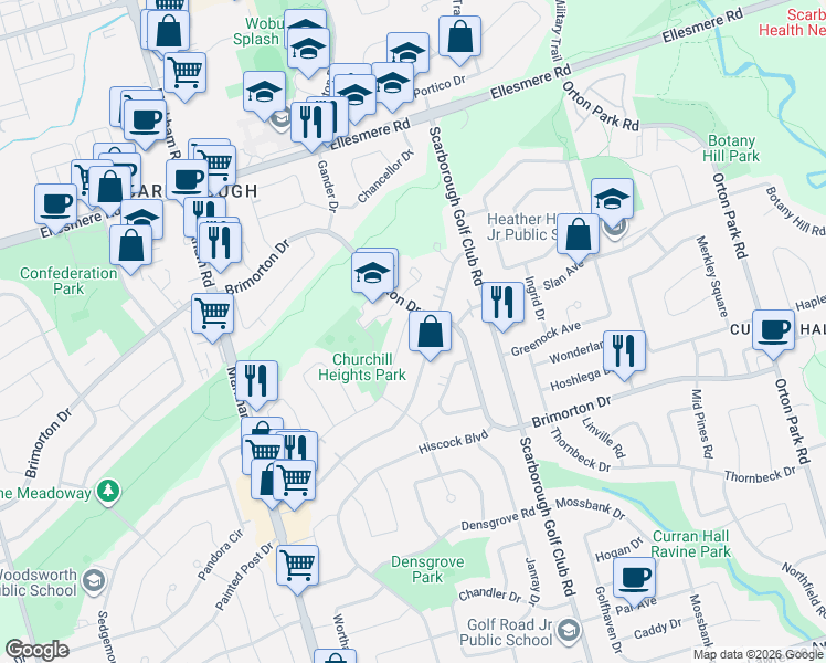 map of restaurants, bars, coffee shops, grocery stores, and more near in Toronto