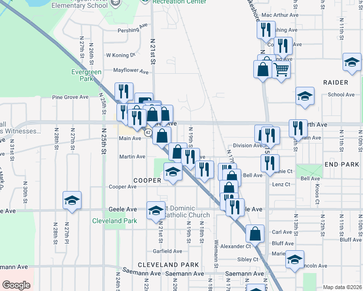 map of restaurants, bars, coffee shops, grocery stores, and more near 2613 North 20th Street in Sheboygan