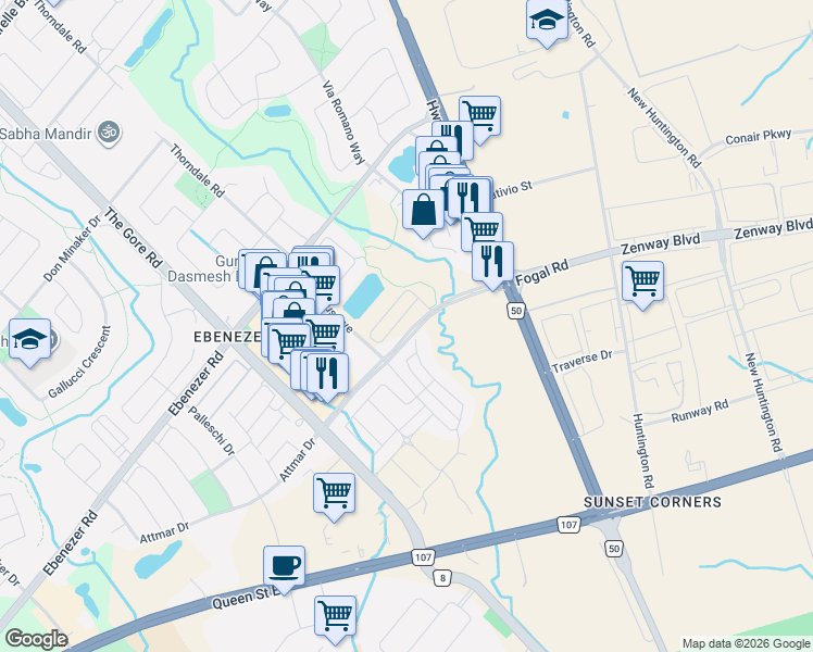 map of restaurants, bars, coffee shops, grocery stores, and more near 134 Falby Road in Brampton