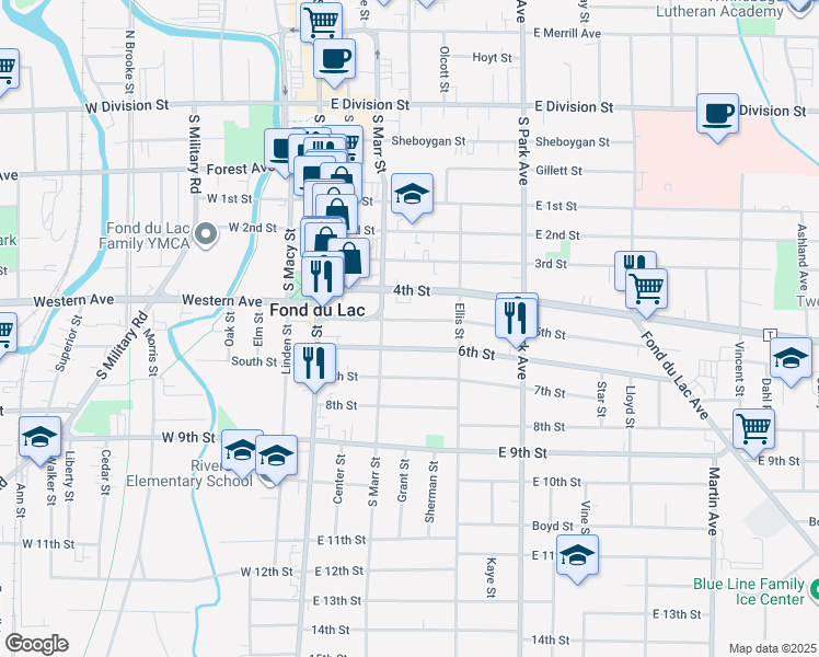 map of restaurants, bars, coffee shops, grocery stores, and more near 94 5th Street in Fond du Lac