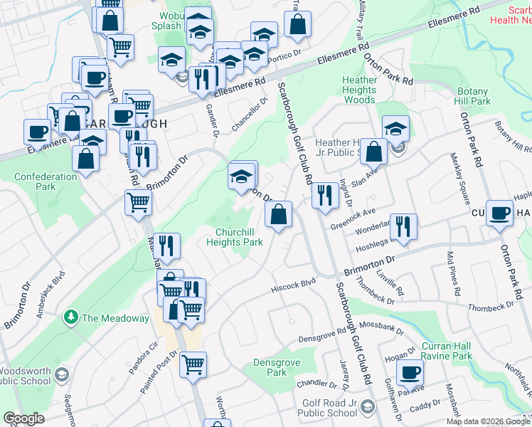map of restaurants, bars, coffee shops, grocery stores, and more near 93 Mountland Drive in Toronto