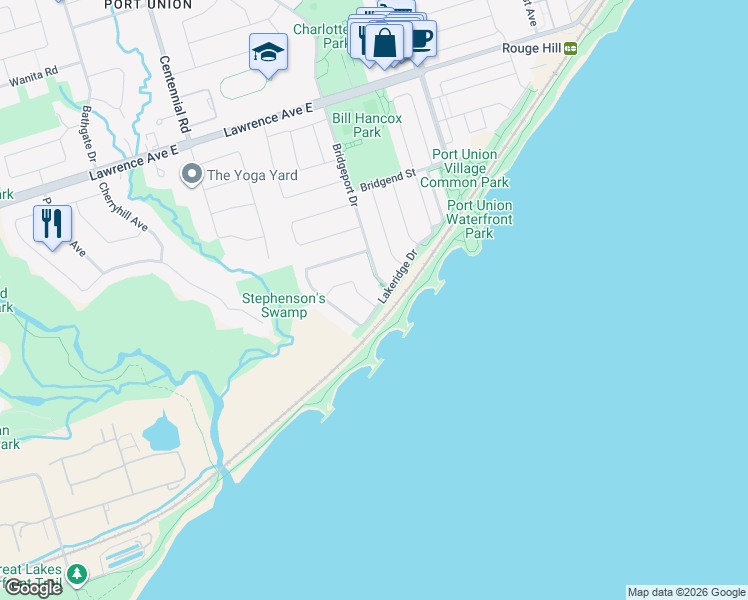 map of restaurants, bars, coffee shops, grocery stores, and more near 32 Lakeridge Drive in Toronto