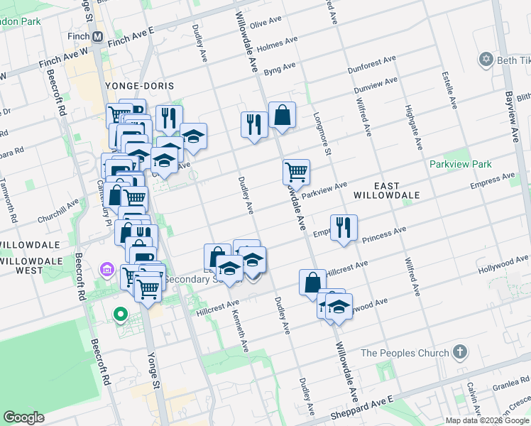 map of restaurants, bars, coffee shops, grocery stores, and more near 145 Parkview Avenue in Toronto