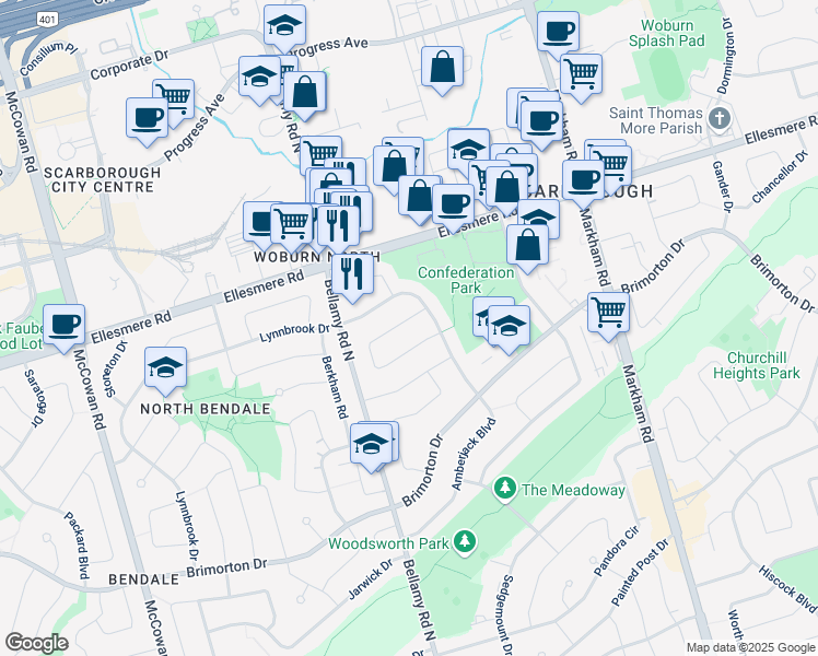 map of restaurants, bars, coffee shops, grocery stores, and more near in Toronto