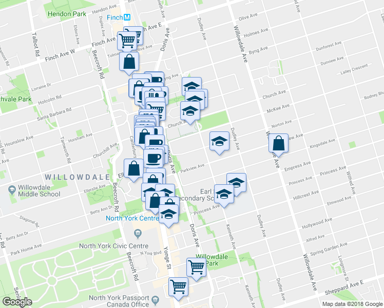 map of restaurants, bars, coffee shops, grocery stores, and more near 59 Norton Avenue in Toronto