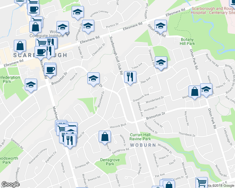 map of restaurants, bars, coffee shops, grocery stores, and more near 787 Brimorton Drive in Toronto