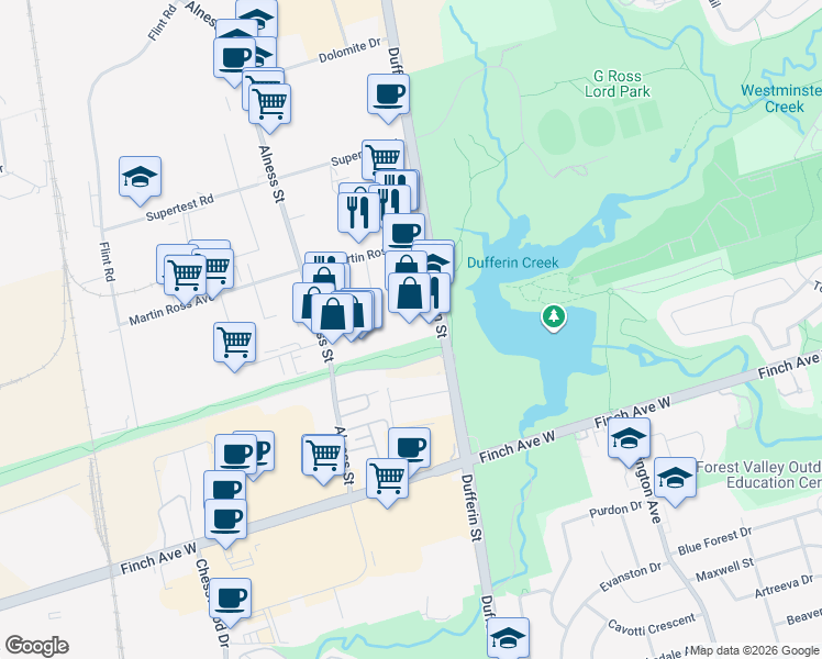 map of restaurants, bars, coffee shops, grocery stores, and more near 4610 Dufferin Street in Toronto