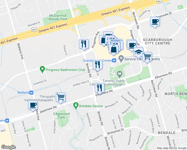 map of restaurants, bars, coffee shops, grocery stores, and more near 71 Borough Drive in Toronto