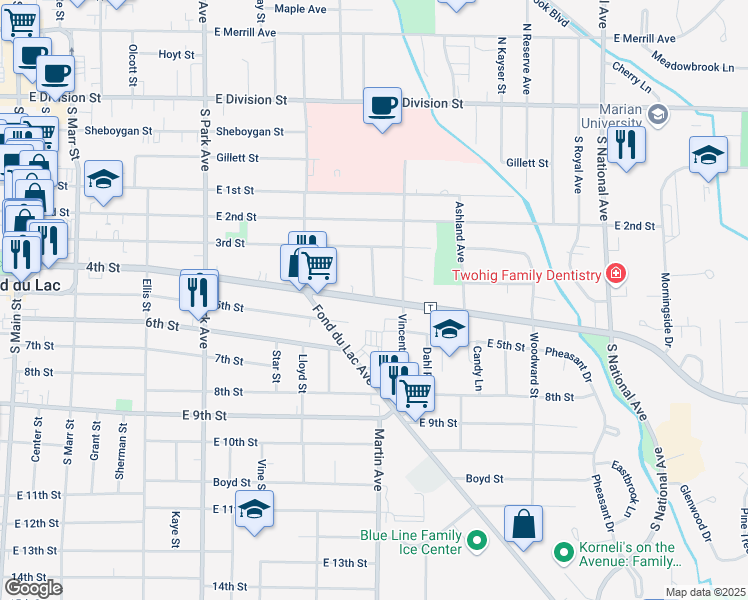 map of restaurants, bars, coffee shops, grocery stores, and more near 399 4th Street in Fond du Lac