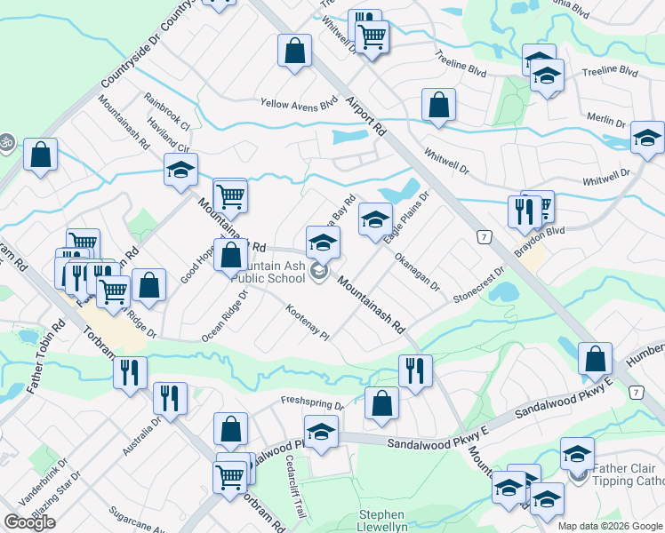 map of restaurants, bars, coffee shops, grocery stores, and more near 36 Lucky Lane in Brampton