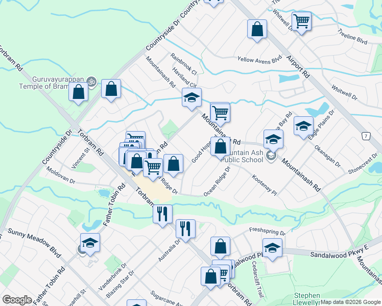 map of restaurants, bars, coffee shops, grocery stores, and more near 4 Snowdrift Trail in Brampton