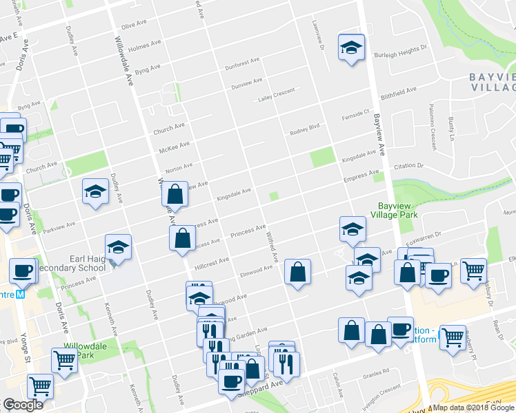 map of restaurants, bars, coffee shops, grocery stores, and more near 290 Empress Avenue in Toronto