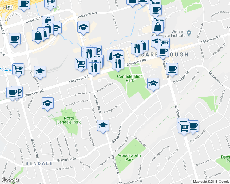map of restaurants, bars, coffee shops, grocery stores, and more near 65 Highcourt Crescent in Toronto