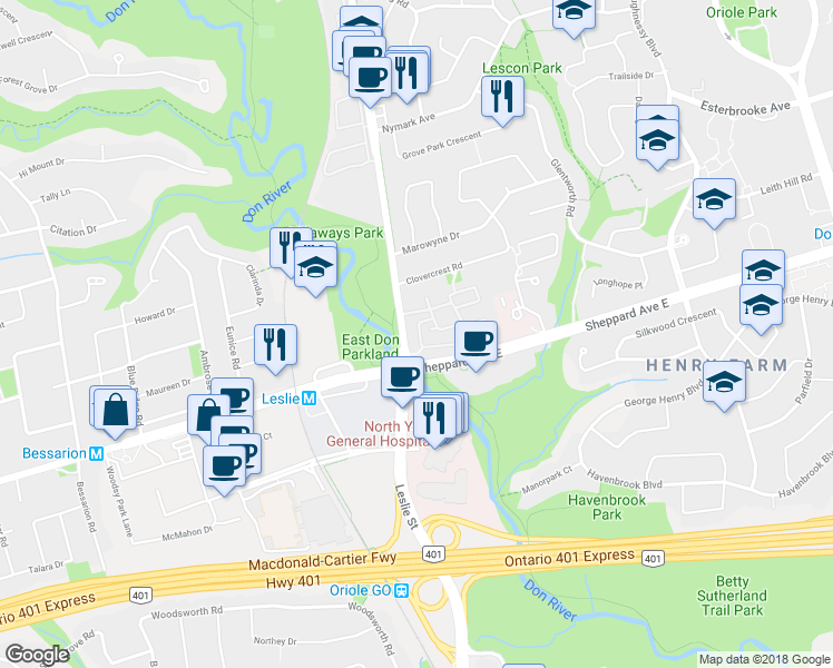 map of restaurants, bars, coffee shops, grocery stores, and more near 59 Cheryl Shepway in Toronto