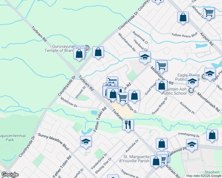 map of restaurants, bars, coffee shops, grocery stores, and more near 2 Arctic Fox Crescent in Brampton