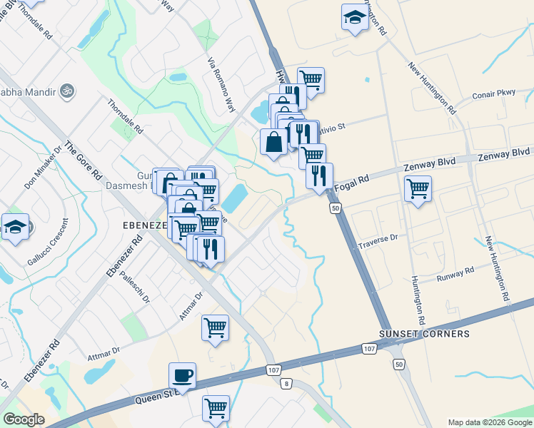 map of restaurants, bars, coffee shops, grocery stores, and more near 142 Falby Road in Brampton