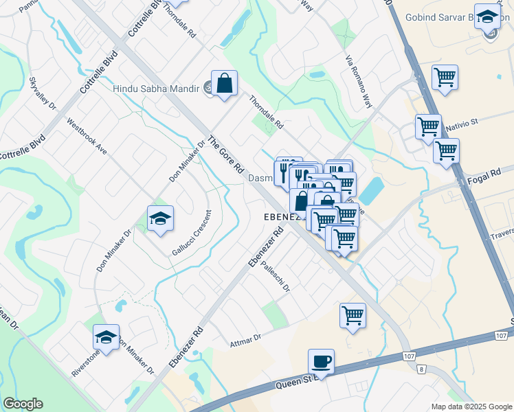 map of restaurants, bars, coffee shops, grocery stores, and more near 7 Cosenza Court in Brampton