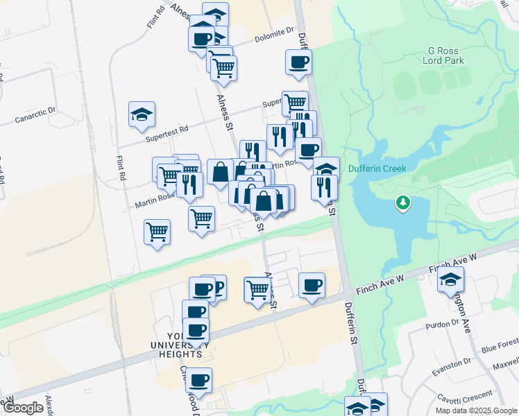 map of restaurants, bars, coffee shops, grocery stores, and more near 59 Alness Street in Toronto