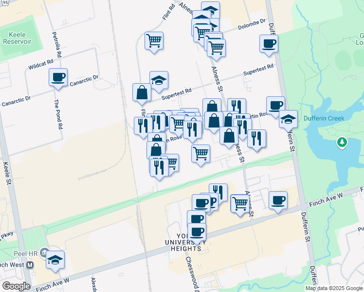 map of restaurants, bars, coffee shops, grocery stores, and more near 95 Martin Ross Avenue in Toronto