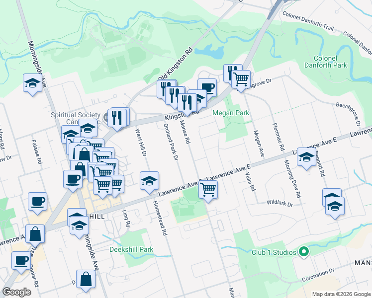 map of restaurants, bars, coffee shops, grocery stores, and more near 378 Manse Road in Toronto