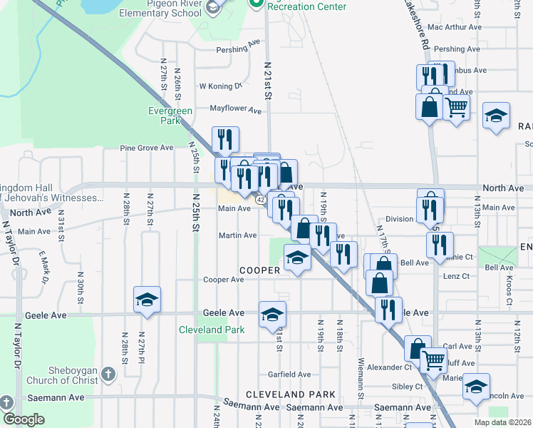 map of restaurants, bars, coffee shops, grocery stores, and more near 2127 Main Avenue in Sheboygan