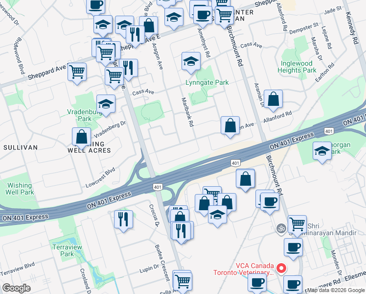 map of restaurants, bars, coffee shops, grocery stores, and more near 33 Scarden Avenue in Toronto