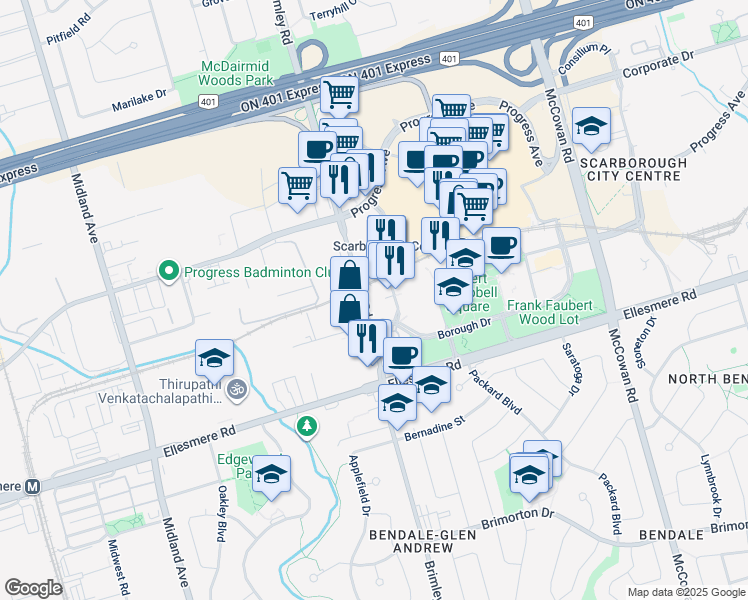 map of restaurants, bars, coffee shops, grocery stores, and more near 83 Borough Drive in Toronto