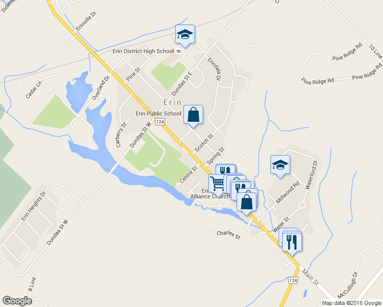map of restaurants, bars, coffee shops, grocery stores, and more near 185 Main Street in Erin