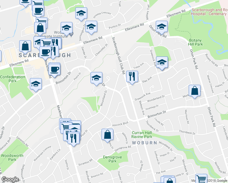 map of restaurants, bars, coffee shops, grocery stores, and more near 421 Painted Post Drive in Toronto
