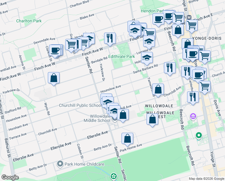 map of restaurants, bars, coffee shops, grocery stores, and more near 263 Hounslow Avenue in Toronto