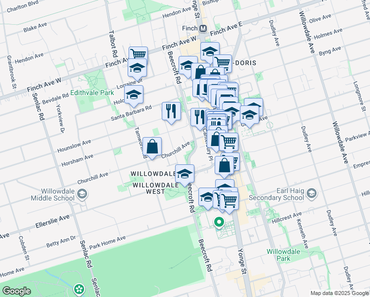 map of restaurants, bars, coffee shops, grocery stores, and more near 41 Churchill Avenue in Toronto