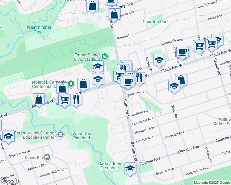 map of restaurants, bars, coffee shops, grocery stores, and more near 523 Finch Avenue West in Toronto