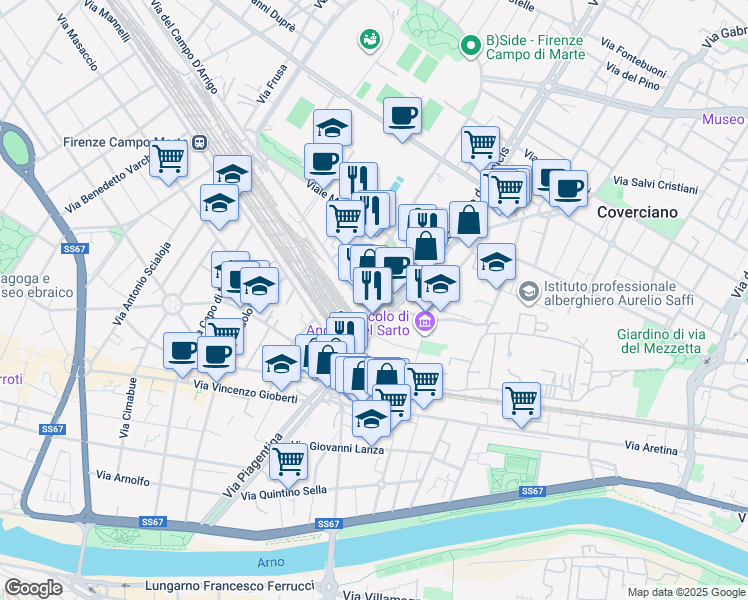 map of restaurants, bars, coffee shops, grocery stores, and more near 12 Via della Torretta in Florence
